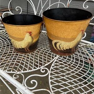 Rooster Print Metal Decorative Buckets - Set of 2